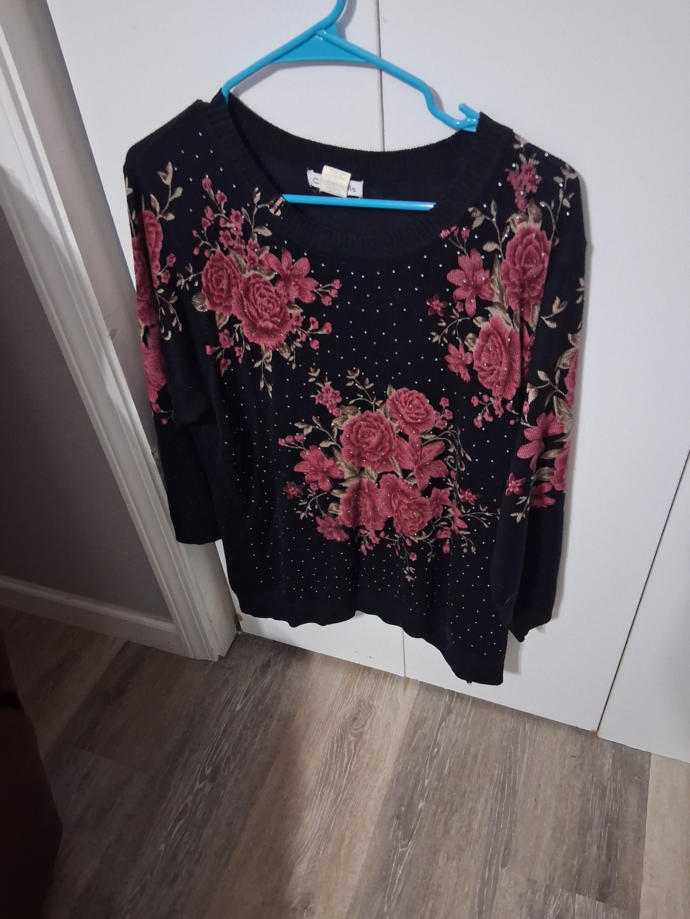 Black Floral Knit Sweater with Rose Print and Stud Detail